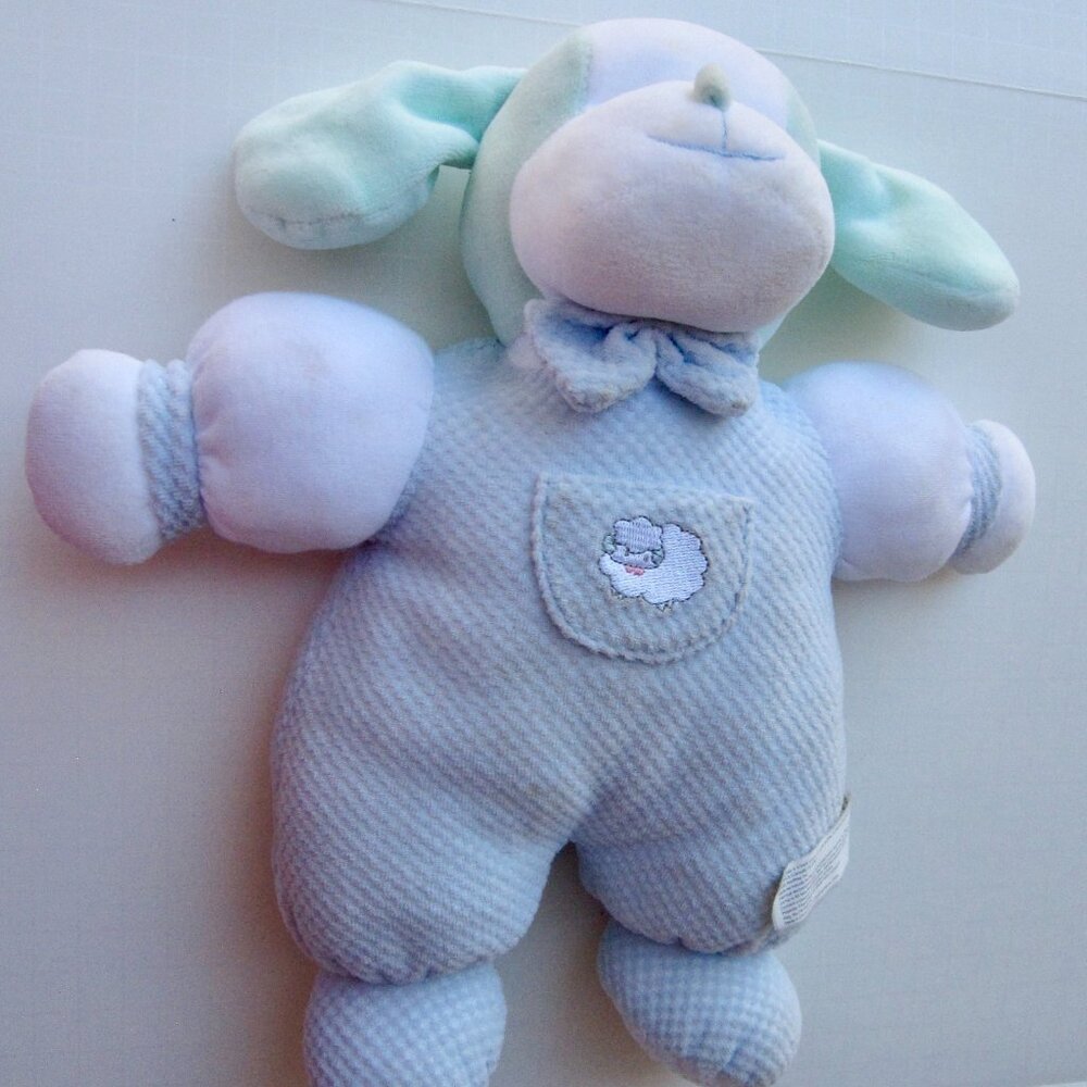 Vintage Animal Alley Toys R Us Plush Blue Green Dog Rattle Soft Baby Soother 12"